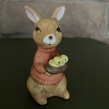 Vintage 4” Porcelain Bunny Rabbit Figurine Orange Shirt Chicks Brown Basket picture