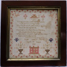 MID 19TH CENTURY RED HOUSE, MOTIF & VERSE SAMPLER BY JANE AIREY AGED 9 - 1850 picture