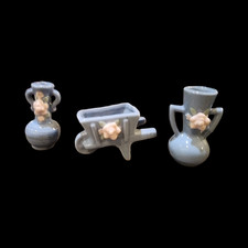 3 Vintage Miniature Blue w/pink flower Vases Wheelbarrow Made in Occupied Japan picture