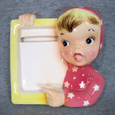 Vintage 1950s Napco Miss Cutie Pie Ceramic Memo Holder Wall Pocket Pink Kitsch picture
