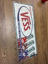 Vintage 1950’s VESS Sign 12”x30” Original Metal Embossed Sign 4 Bottle Wow picture