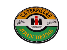 VINTAGE JOHN DEERE & CATERPILLAR FARM TRACTOR SALES SERVICE PORCELAIN METAL SIGN picture