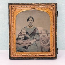1/6th Plate Ambrotype Colorized Victorian Woman Two Children Tinted Half Case picture