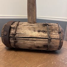 Antique Wooden Strongman Circus Mallet Banded Wire 29” 8 lbs Wood Striker Patina picture