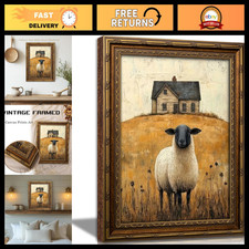 Vintage Gold Framed Sheep Oil Painting Canvas Art - Rustic Farmhouse Decor 16x24 picture