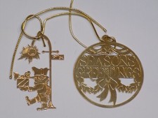 Gold Thin Metal Christmas Ornament Lot 2 Set 9th Street Seasons Greetings Ball picture