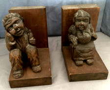 Great Set Vintage Hand Carved Figural Man & Woman Wooden Bookends picture