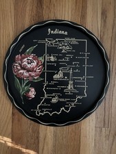 Vintage Indiana State Souvenir Metal Tray - Map Landmarks Peony 11