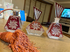 Vintage Ruby Red Cut to Clear Crystal 3-Piece Vanity Perfume Set -West German B picture