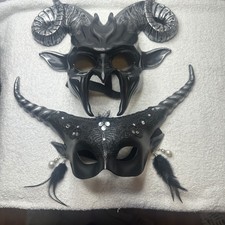 Couples Masquerade Halloween Set of Two Horned Devil Masks Black & Silver Finish picture