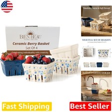 Durable Ceramic Berry Baskets 4pc, Blue White Blueberry Fruit Colanders picture