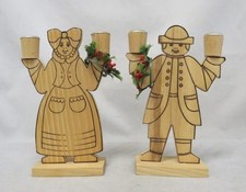 Vintage Swedish Scandinavian BOY GIRL Wooden CANDLE HOLDERS Candelabra Folk Art picture