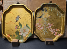 VINTAGE ENGLISH ELITE GOLD AVIARY AND BLOSSOMS CHINOISERIE TRAYS picture