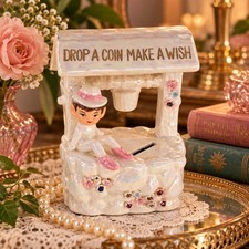 Vintage 1950s Japan Lusterware Pixie Wishing Well Coin Bank Pearlescent Ceramic picture