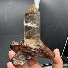 148g Natural Rutilated Quartz Obelisk Crystal Mineral Reiki Decor+ Stand picture