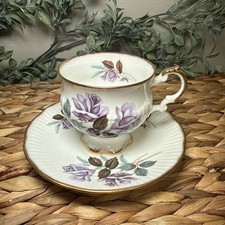 Elizabethan Bone China England Purple Rose Ivory Teacup Saucer Gold Gilt Vintage picture
