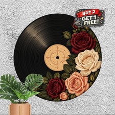 Vintage Vinyl Record And Rose Tin Sign Round Retro Music Lounge Metal Plaque picture