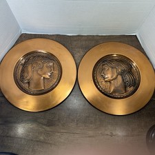 Pair of Art Deco Solid Copper Repousse Portrait Plaques, Signed A. Gilles 12” picture