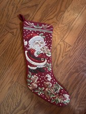 Vtg Needlepoint Santa Christmas Stocking Wool Blend Red Velvet 17” picture