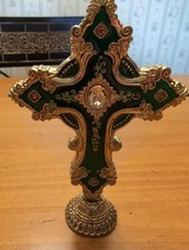 Towle Silversmiths Pedestal Silverplated Ornate Cross Green Enamel Rare Vintage picture