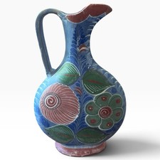 Vintage Tlaquepaque Mexican Pottery Large Pitcher Rare Matte Blue Folk Art 1930s picture