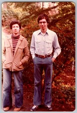 Vtg Color Snapshot Young Couple Outdoors Bell Bottoms Western Shirt 1970s picture