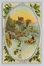 Christmas Postcard Shepherd Driving Sheep Snow Road Castle Oval Holly AMP 403 picture