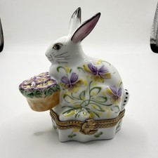 LIMOGES BUNNY RABBIT FLORAL TRINKET BOX CHAMART PEINT MAIN FRANCE VINTAGE VIDEO picture