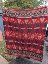 Vtg Mid Century Cotton Blend Cabin Camp Blanket Red Blue Geometric Center Seam picture