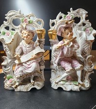 vintage german porcelain figurines Pair of Mirror Image Musician Figurines picture