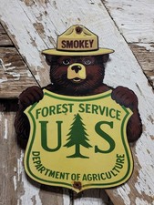 VINTAGE SMOKEY BEAR PORCELAIN SIGN RARE OLD FOREST SERVICE NATIONAL PARK DIECUT picture