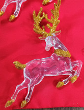 Nine Vintage Clear Acrylic Leaping Reindeer Christmas Ornaments ~ Gold Glitter picture