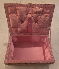 Vintage 50's Wicker Woven Sewing Box Basket Pink Satin Interior Ratan Japan 9