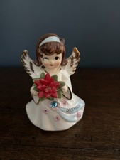 Vintage Lefton December Angel 4.5 Inches Holding a Poinsettia. picture