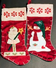 Vintage Red Corduroy Christmas Stockings Pair Santa Snowman Blanket Stitch Folk picture