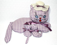 Vtg 80s Handmade Cat Nursing Kittens Plush Stuffed Animal Purple Gingham Bonnet picture