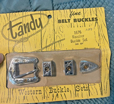 Vintage 1950s Tandy 4 pc Western Silver Tone Ranger Belt Buckle Set 3/4” cowboy picture