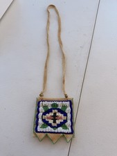  Artisan Signed JP Turtle Mark Beaded Leather Medicine Pouch Necklace picture