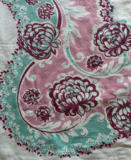 50s Vintage MCM Tablecloth Chysanthemum Mums FLORAL Pink Aqua Burgundy 52