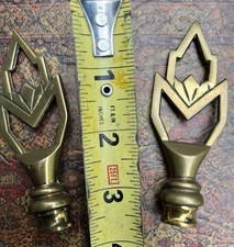 Pair Solid Brass Art Deco Flame Leaf Motif Lamp Finials Vintage Lighting Shades picture