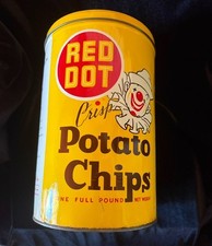 Vintage Large Red Dot Crisp Potato Chips Can Clown Graphic Red Dot Foods 1950's picture