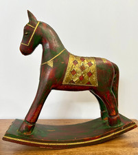 Vintage Folk Art Indian Hand-Carved Wood Brass Inlay Trojan Rocking Horse picture
