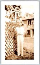 Vtg B&W Snapshot Dapper Young Man White Shirt Tie Lattice Stone Porch 1930s picture