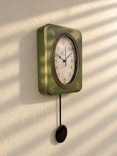 Vintage Olive Green Wood Pendulum Wall Clock Retro Handmade Quartz Decor picture