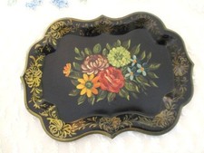 Antique Delicate Floral Hand Painted Tole Vanity Jewelry Perfume Pin Tray picture