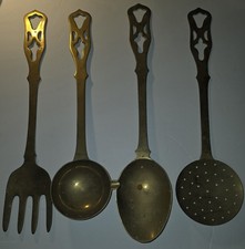 Antique Vintage Set Ornate Brass Serving Utensils Made In India French Country picture