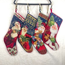 Lot 4  Vtg  Wool Needlepoint Christmas Stockings Velvet Back Santa Toys picture