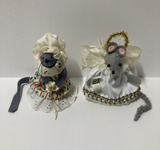 Vtg Handmade Felt Mouse Christmas Tree Ornament 2 Lot Angel Lace Bonnet Dress 4