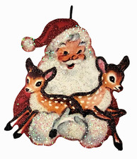 SANTA CLAUS Holding 2 YOUNG DEER  *  Glitter CHRISTMAS ORNAMENT * Vtg Img picture