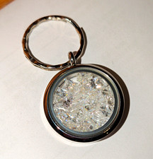 Silver Tone Round Metal Keychain w/ White sapphires, multi-shape.  picture